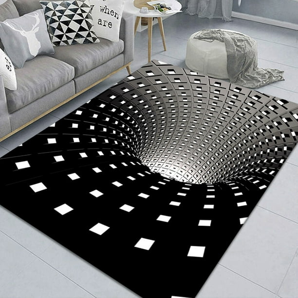 Black and White Carpet Polyester Rug 3D Visual Illusion Print Carpet Geometric Mat and Non-Slip Rectangular Rug for Living Room Coffee Table 